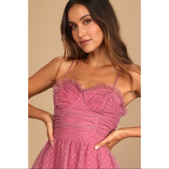 NWOT Lulus Sweetheart Style Mauve Polka Dot Bustier Tiered Midi Dress Small - Picture 3 of 12
